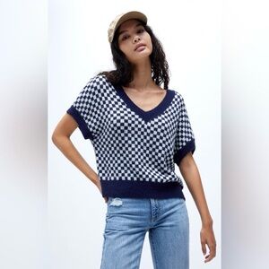 NWOT Free People Through the Motions Checkered Vest Sweater Top Navy White XS